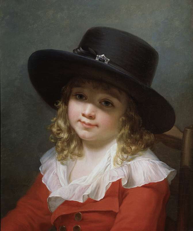 "Portrait of a Young Boy wearing a black Hat and red Coat"